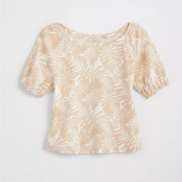 LOFT Palm Puff Sleeve Top Women’s XL Neutral Linen Blend Tropical Coastal Beach - Picture 1 of 7
